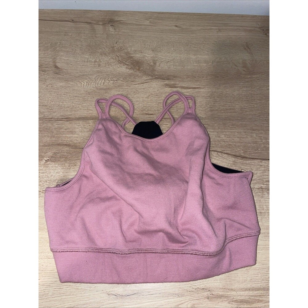 United By Blue L Sports Bra Dusty Rose Ribbed Organic Cotton Cross Back Bralette